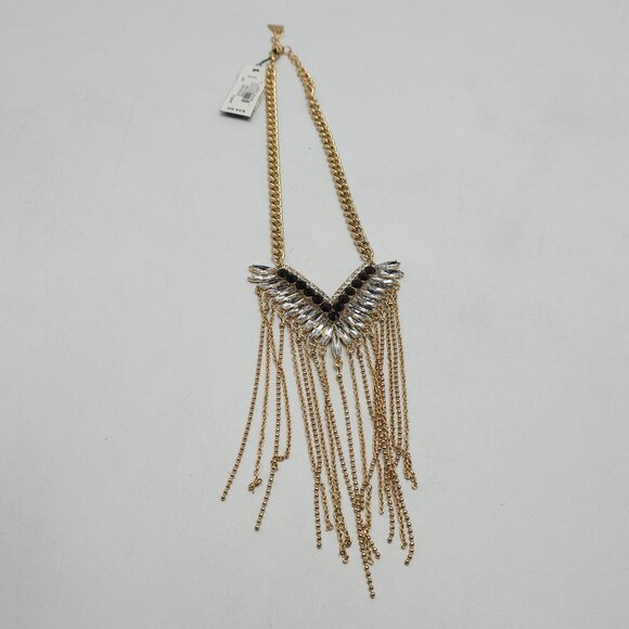 Guess Gold-Tone Fringe Statement Necklace With Black & Clear Rhinestones - Picture 4 of 8